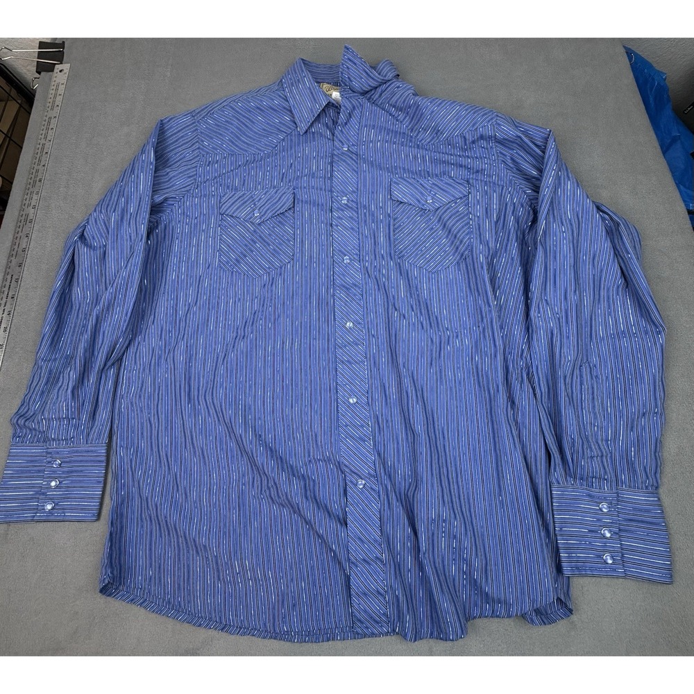 Wrangler Western Pearl Snap Shirt Mens XL Blue‎ Striped Shiny Rockabilly Club